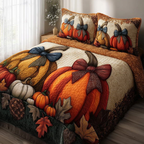 Autumn Vibe quilted 3-piece bedding set on a made bed with two matching pillow shams