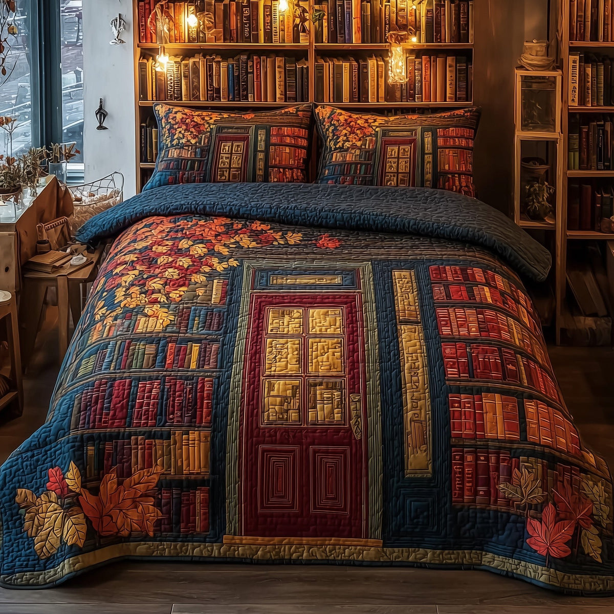 Cozy Library 3-Piece Quilted Bedding Set - Design 1 — quilt and two matching pillow shams