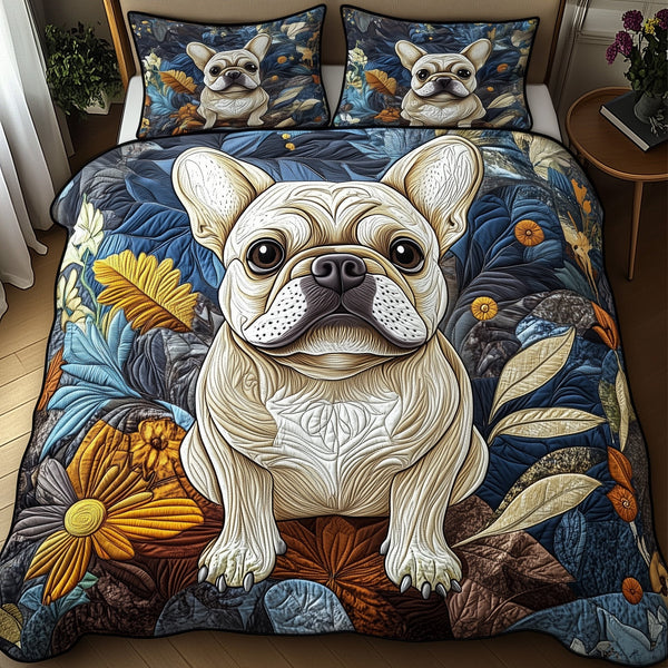 Bulldog quilted 3-piece bedding set on a made bed with two matching pillow shams