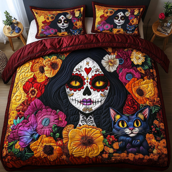 Catrina Bloom quilted 3-piece bedding set on a made bed with two matching pillow shams