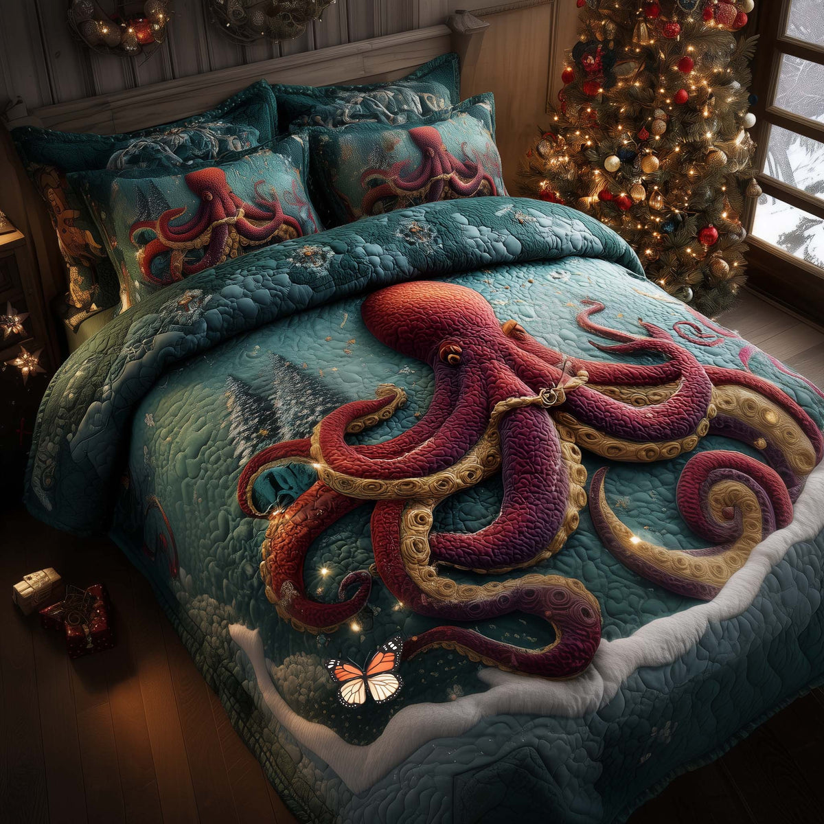 Festive Octopus 3-Piece Quilted Bedding Set - Design 1 — quilt and two matching pillow shams