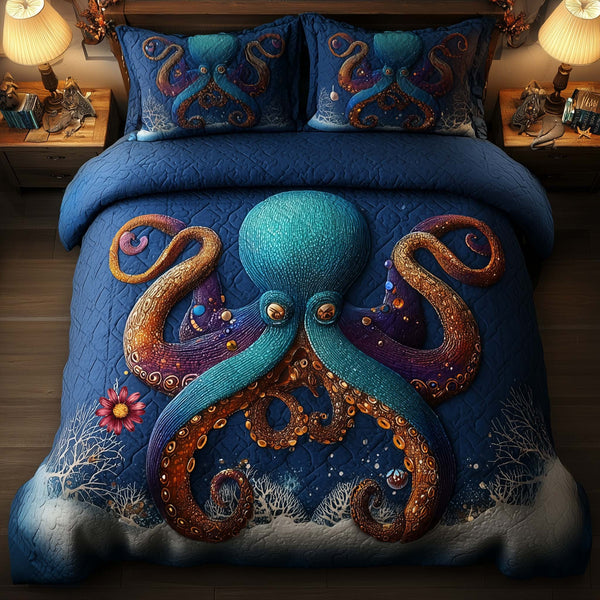Festive Octopus 3-Piece Quilted Bedding Set - Design 2 — quilt and two matching pillow shams