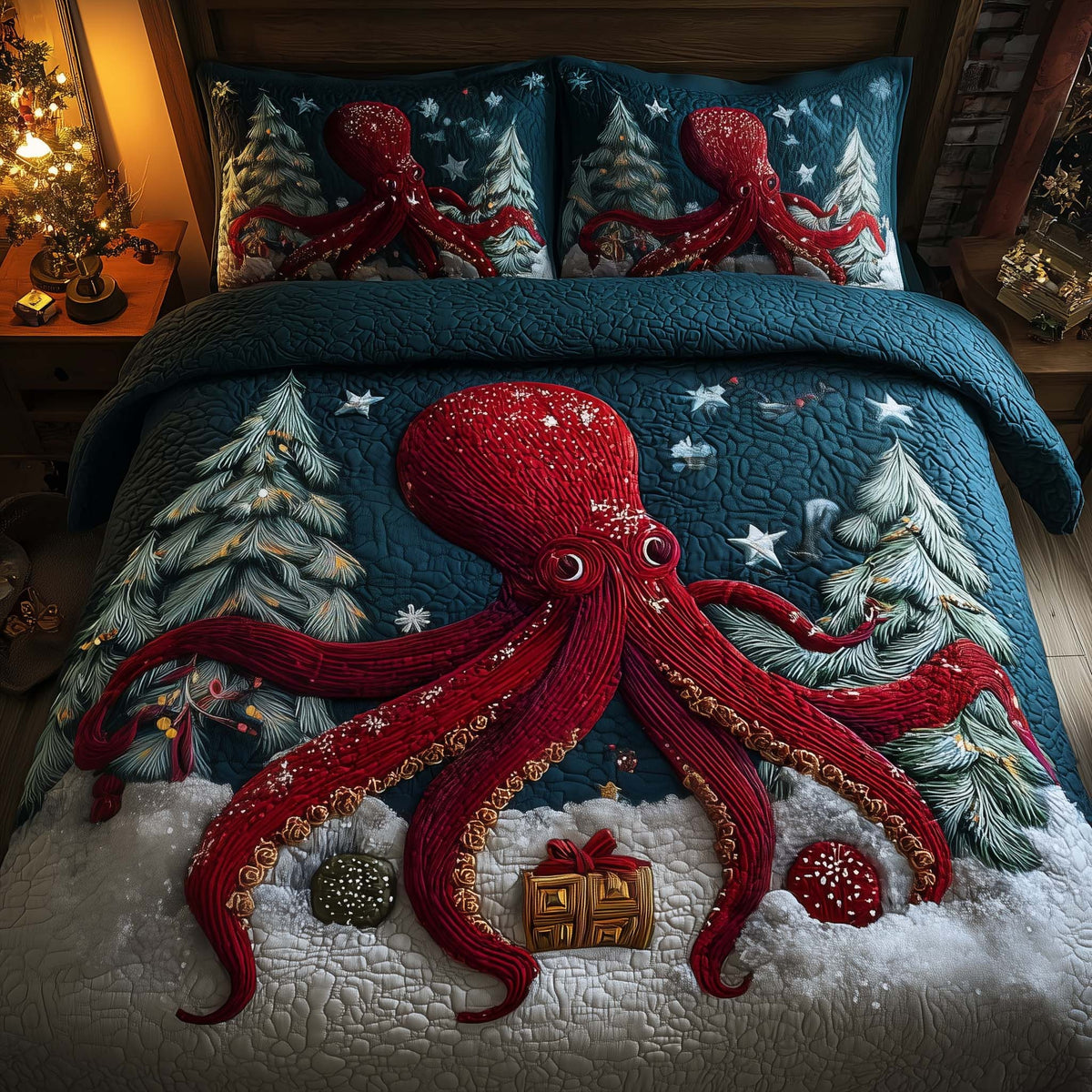 Festive Octopus 3-Piece Quilted Bedding Set - Design 3 — quilt and two matching pillow shams