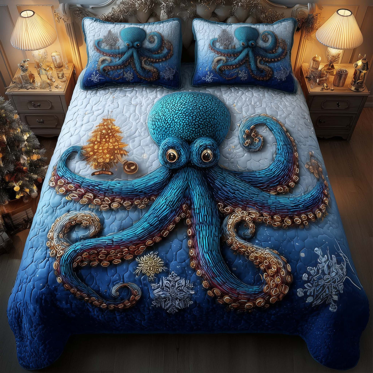 Festive Octopus 3-Piece Quilted Bedding Set - Design 5 — quilt and two matching pillow shams