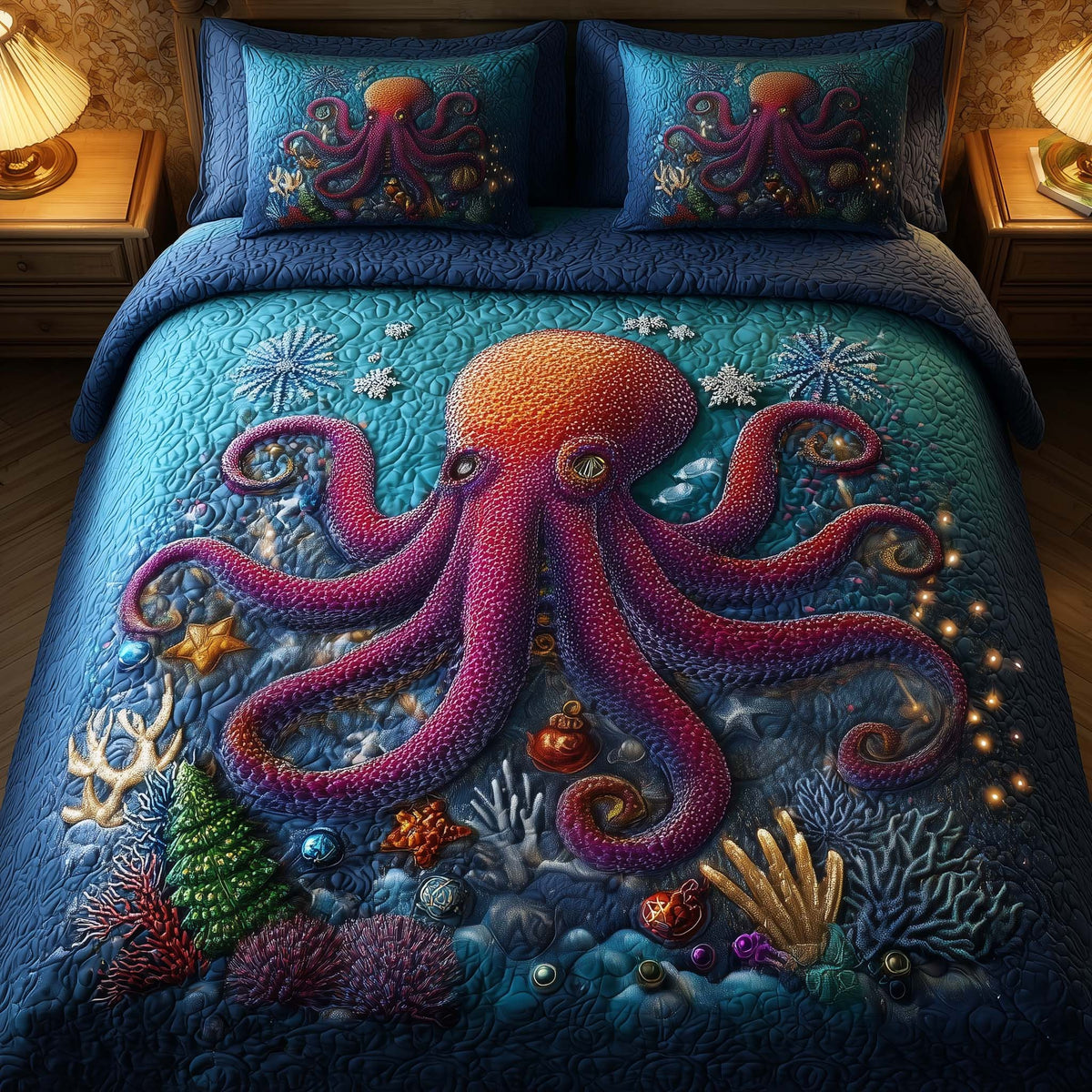 Festive Octopus 3-Piece Quilted Bedding Set - Design 6 — quilt and two matching pillow shams