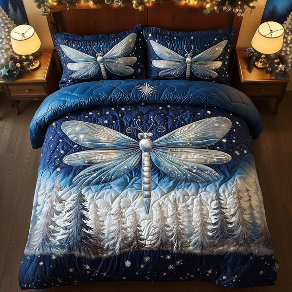 Dragonfly quilted 3-piece bedding set on a made bed with two matching pillow shams
