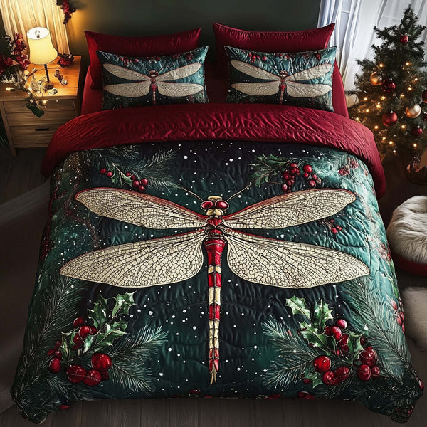 Dragonfly quilted 3-piece bedding set on a made bed with two matching pillow shams
