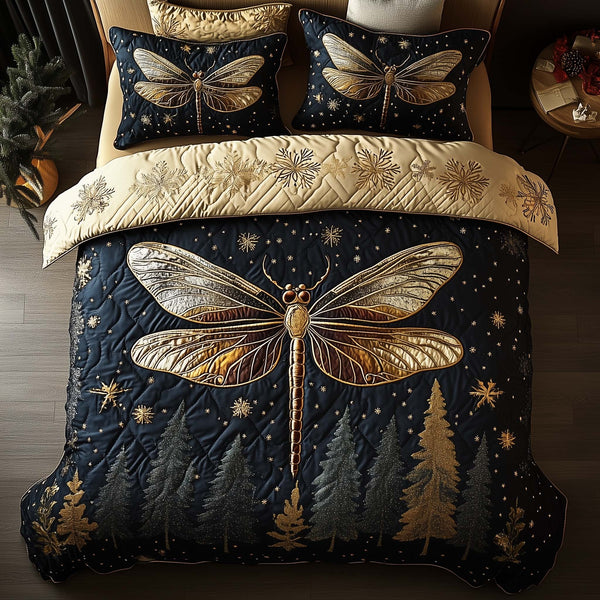 Dragonfly quilted 3-piece bedding set on a made bed with two matching pillow shams