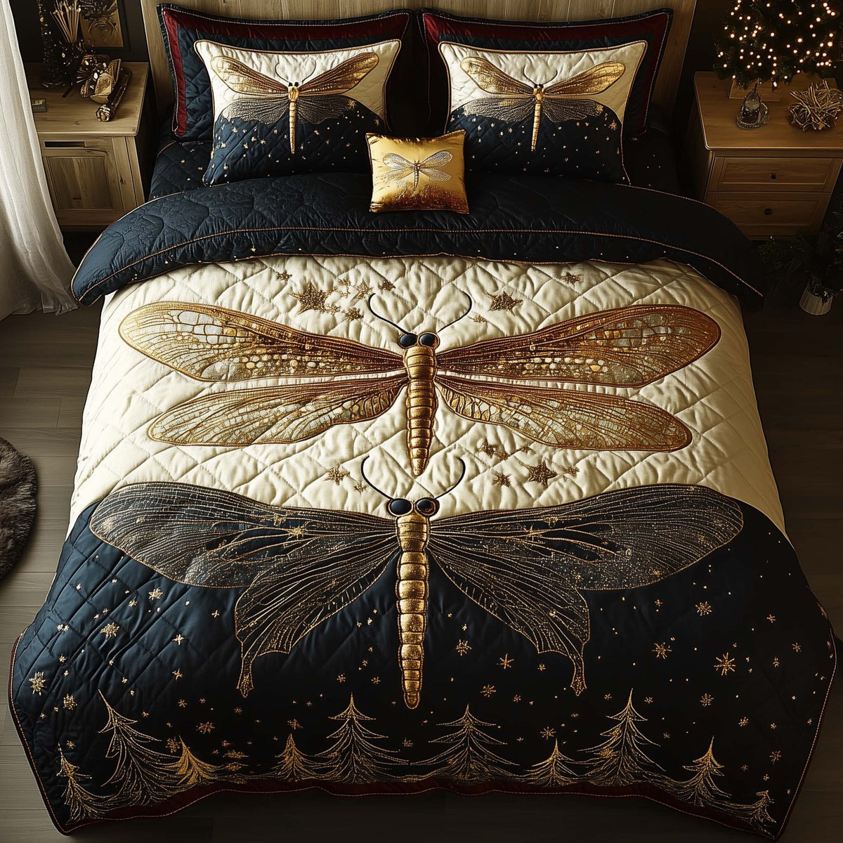 Dragonfly 3-Piece Quilted Bedding Set - Design 7 — quilt and two matching pillow shams