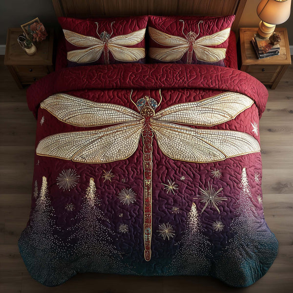 Dragonfly quilted 3-piece bedding set on a made bed with two matching pillow shams