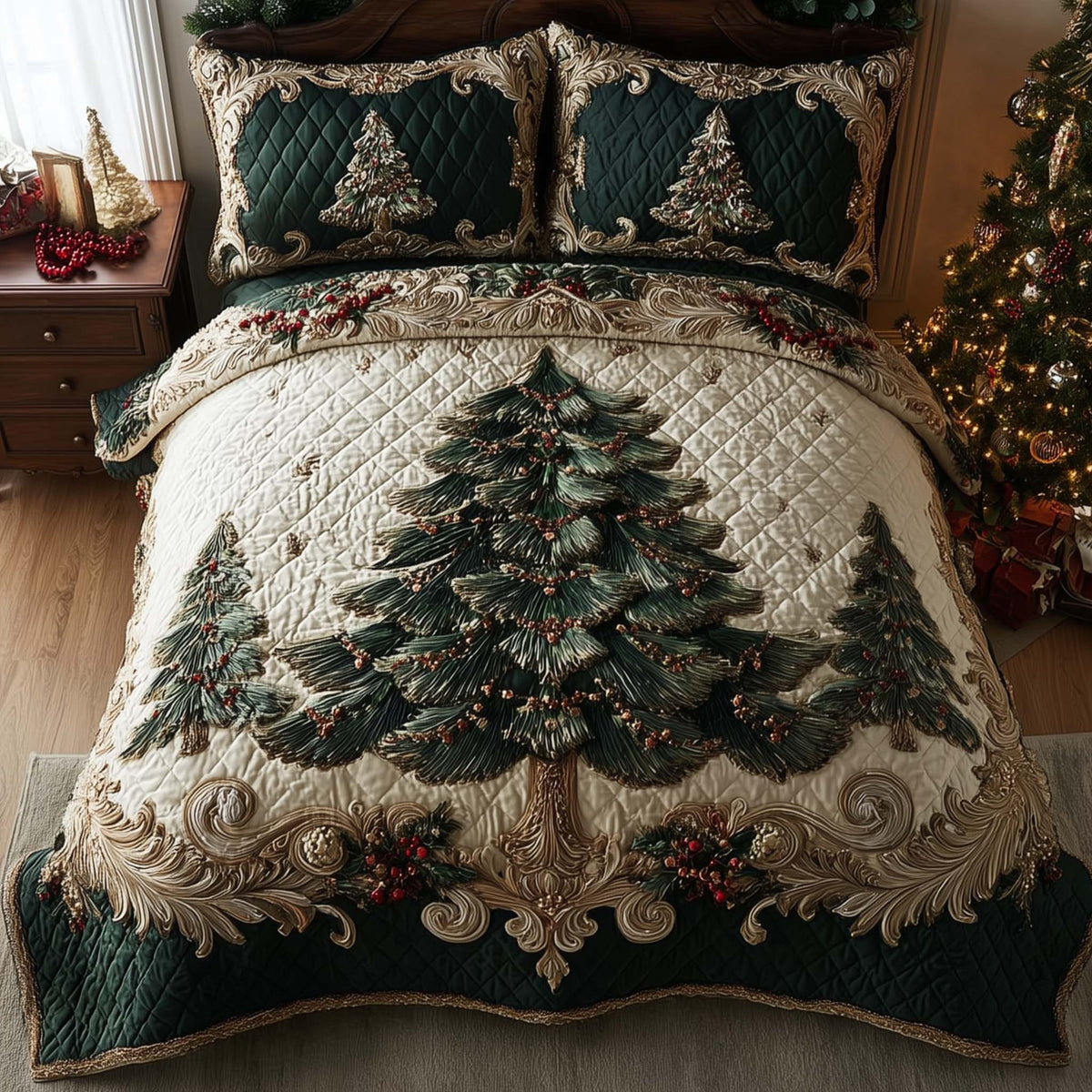Evergreen Charm 3-Piece Quilted Bedding Set - Design 6 — quilt and two matching pillow shams