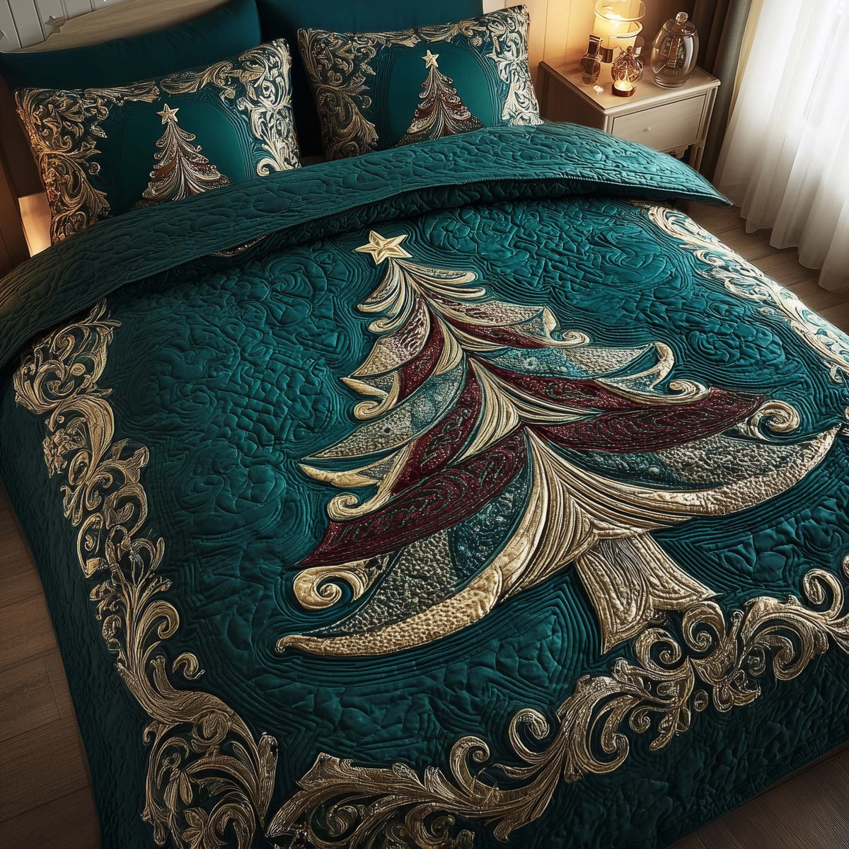 Evergreen Charm 3-Piece Quilted Bedding Set - Design 8 — quilt and two matching pillow shams
