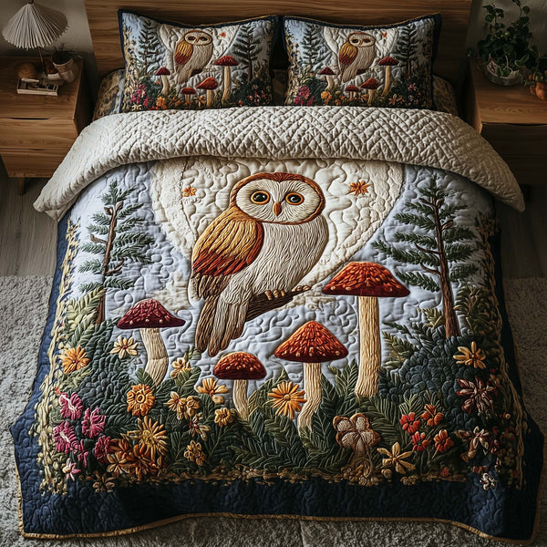 Celestial Owl quilted 3-piece bedding set on a made bed with two matching pillow shams