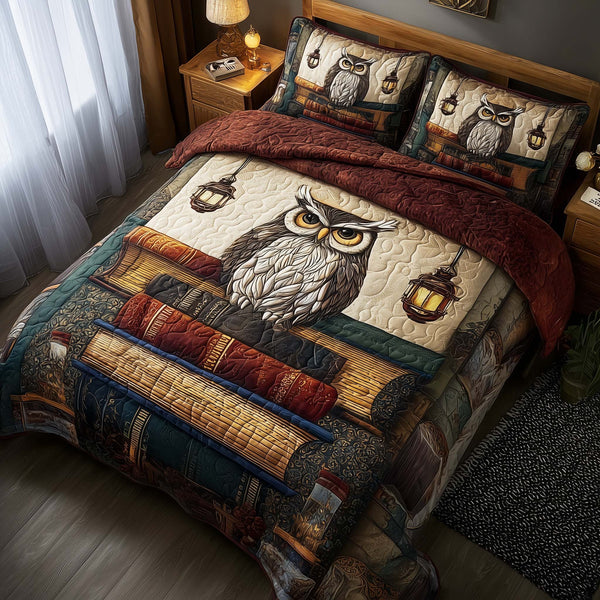 Celestial Owl quilted 3-piece bedding set on a made bed with two matching pillow shams
