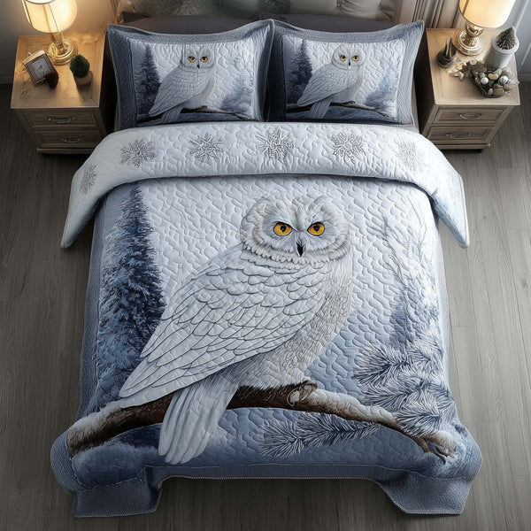 Celestial Owl quilted 3-piece bedding set on a made bed with two matching pillow shams