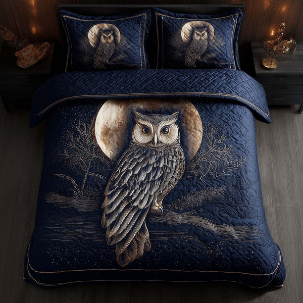 Celestial Owl quilted 3-piece bedding set on a made bed with two matching pillow shams