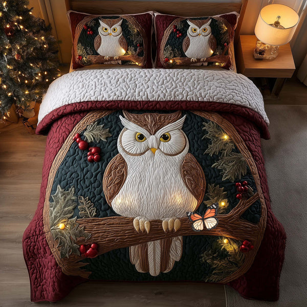 Celestial Owl quilted 3-piece bedding set on a made bed with two matching pillow shams