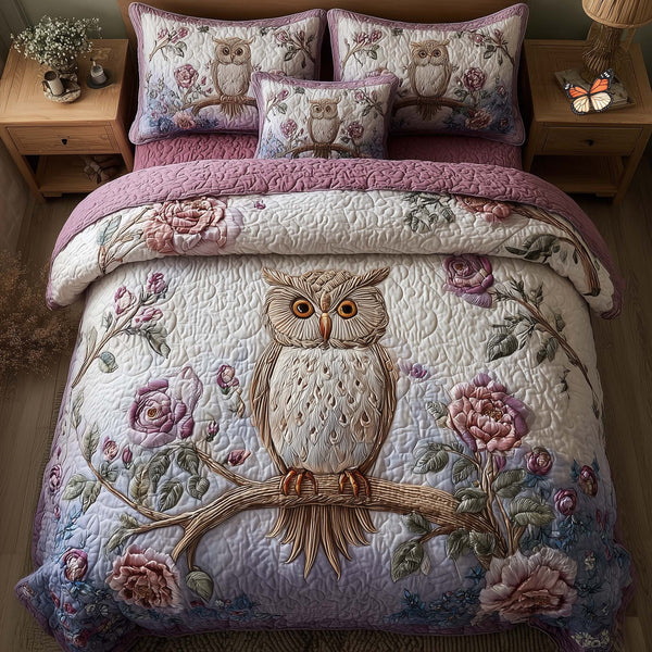 Celestial Owl quilted 3-piece bedding set on a made bed with two matching pillow shams