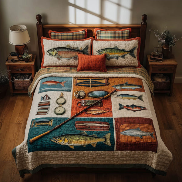 Fishing Delights 3-Piece Quilted Bedding Set - Design 6 — quilt and two matching pillow shams