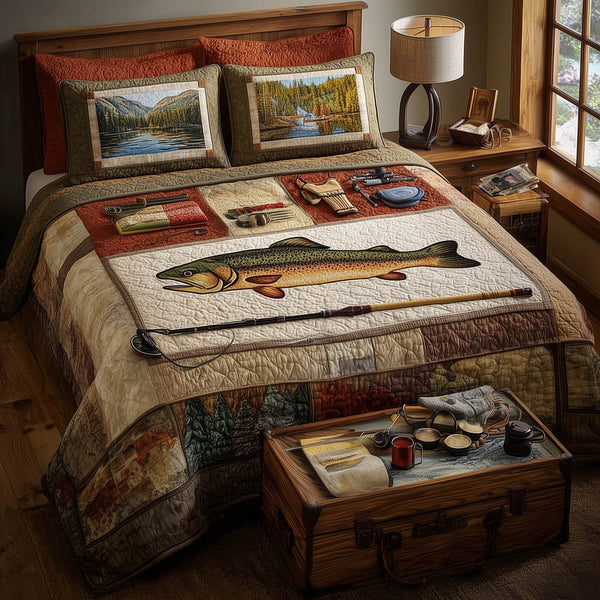 Fishing Delights 3-Piece Quilted Bedding Set - Design 7 — quilt and two matching pillow shams