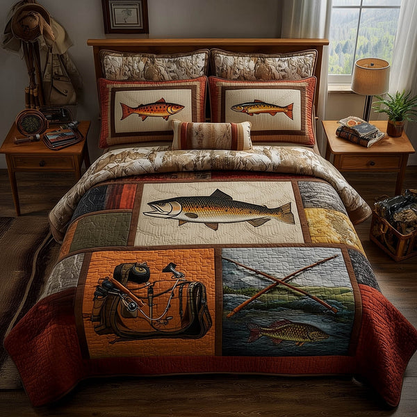 Fishing Delights 3-Piece Quilted Bedding Set - Design 8 — quilt and two matching pillow shams