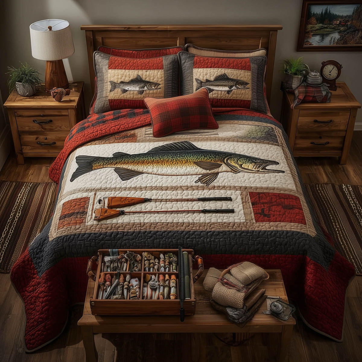 Fishing Delights 3-Piece Quilted Bedding Set - Design 10 — quilt and two matching pillow shams