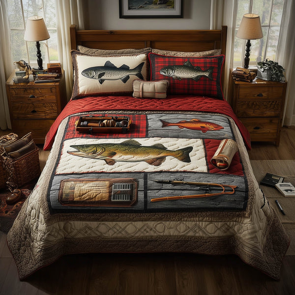 Fishing Delights 3-Piece Quilted Bedding Set - Design 12 — quilt and two matching pillow shams