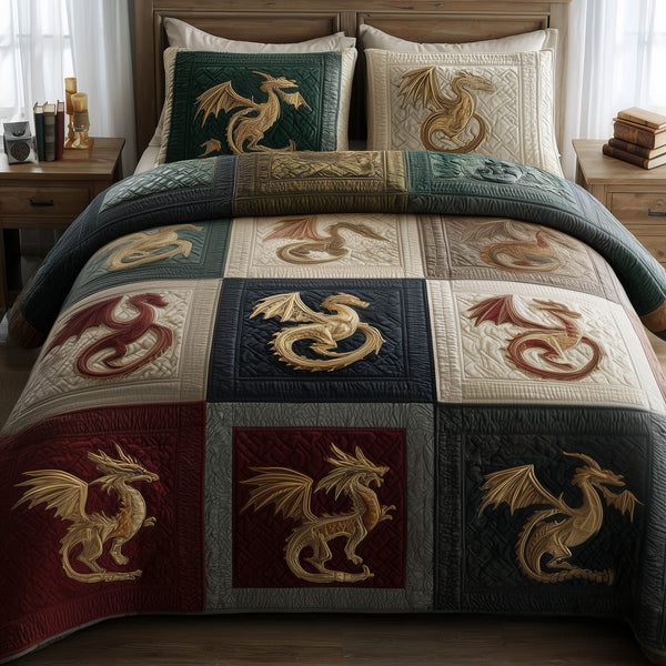 Dragon quilted 3-piece bedding set on a made bed with two matching pillow shams