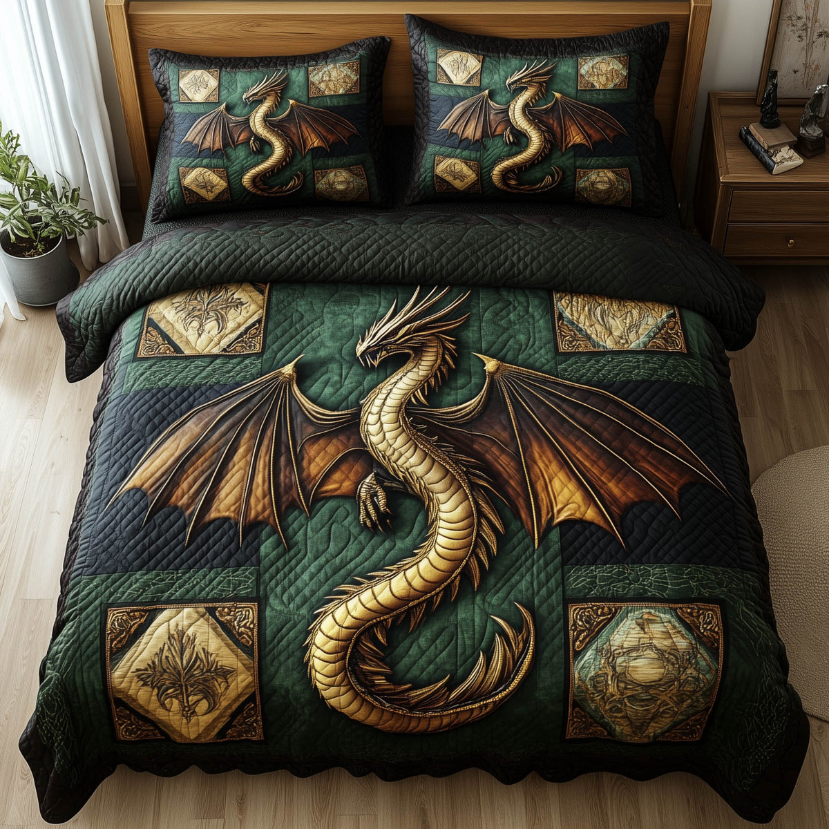Dragon 3-Piece Quilted Bedding Set - Design 6 — quilt and two matching pillow shams