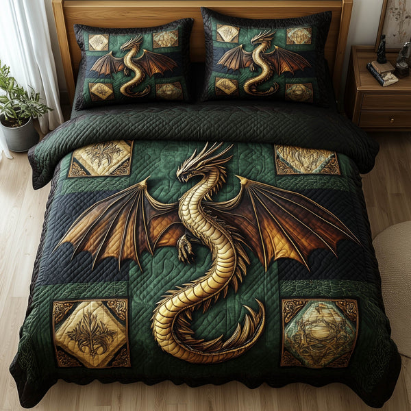Dragon quilted 3-piece bedding set on a made bed with two matching pillow shams