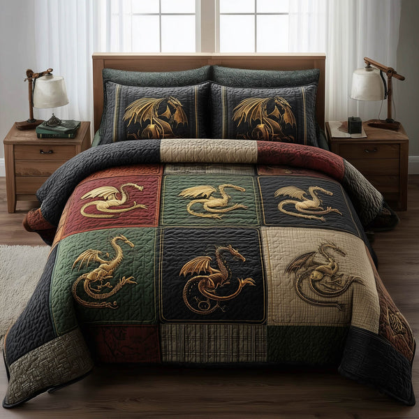 Dragon quilted 3-piece bedding set on a made bed with two matching pillow shams
