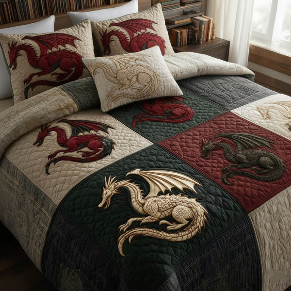 Dragon quilted 3-piece bedding set on a made bed with two matching pillow shams