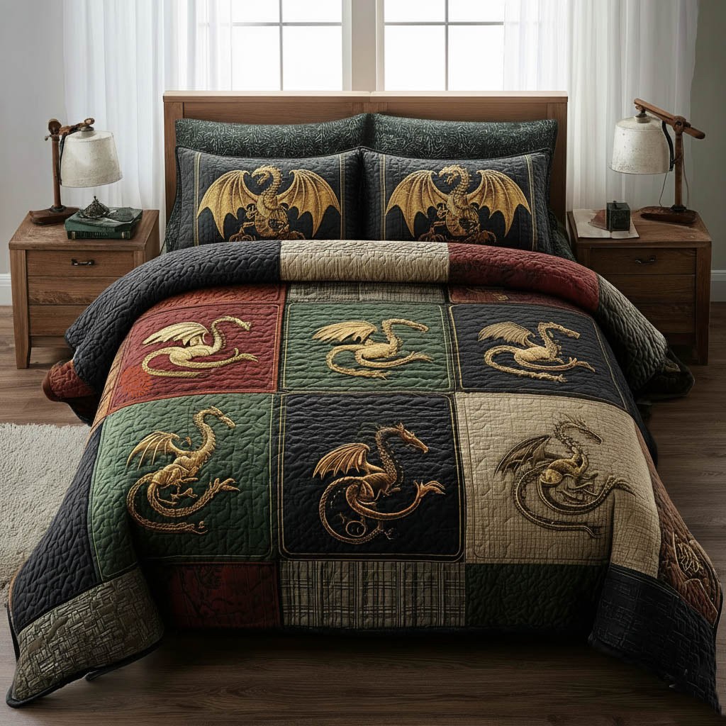 Dragon 3-Piece Quilted Bedding Set - Design 9 — quilt and two matching pillow shams