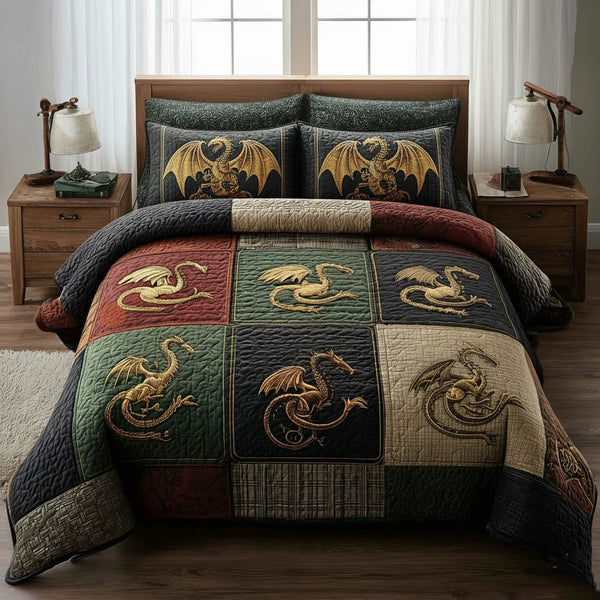 Dragon quilted 3-piece bedding set on a made bed with two matching pillow shams