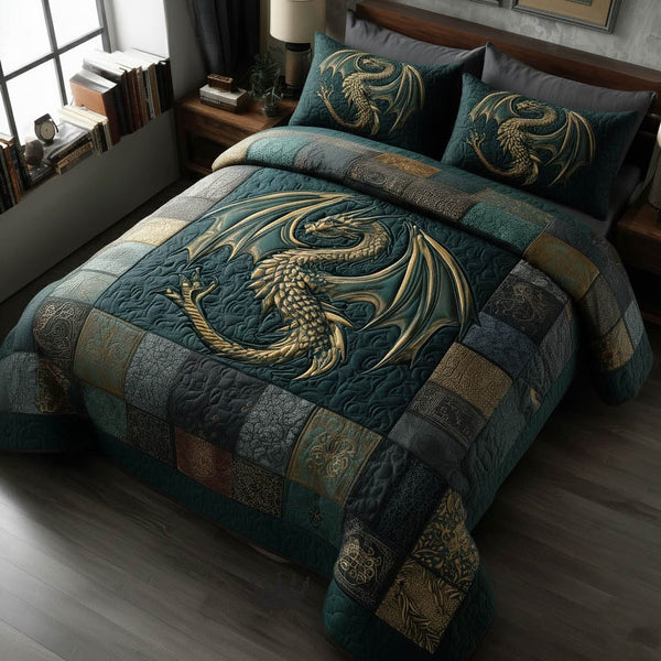 Dragon quilted 3-piece bedding set on a made bed with two matching pillow shams