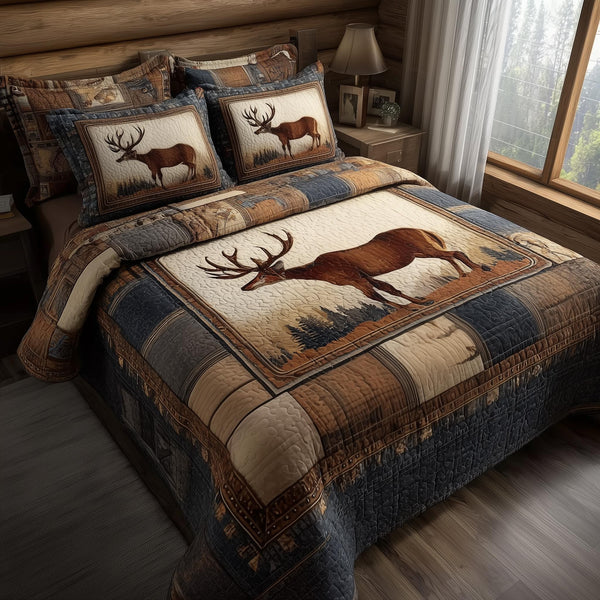 Deer quilted 3-piece bedding set on a made bed with two matching pillow shams