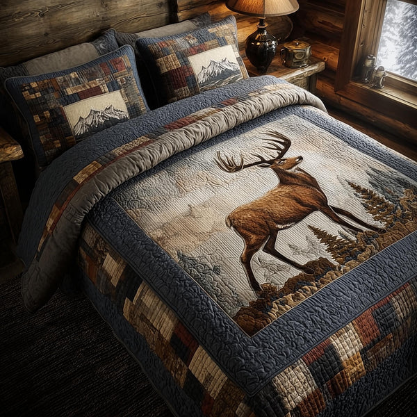 Deer quilted 3-piece bedding set on a made bed with two matching pillow shams