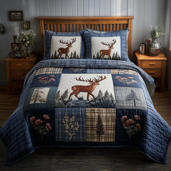 Deer quilted 3-piece bedding set on a made bed with two matching pillow shams