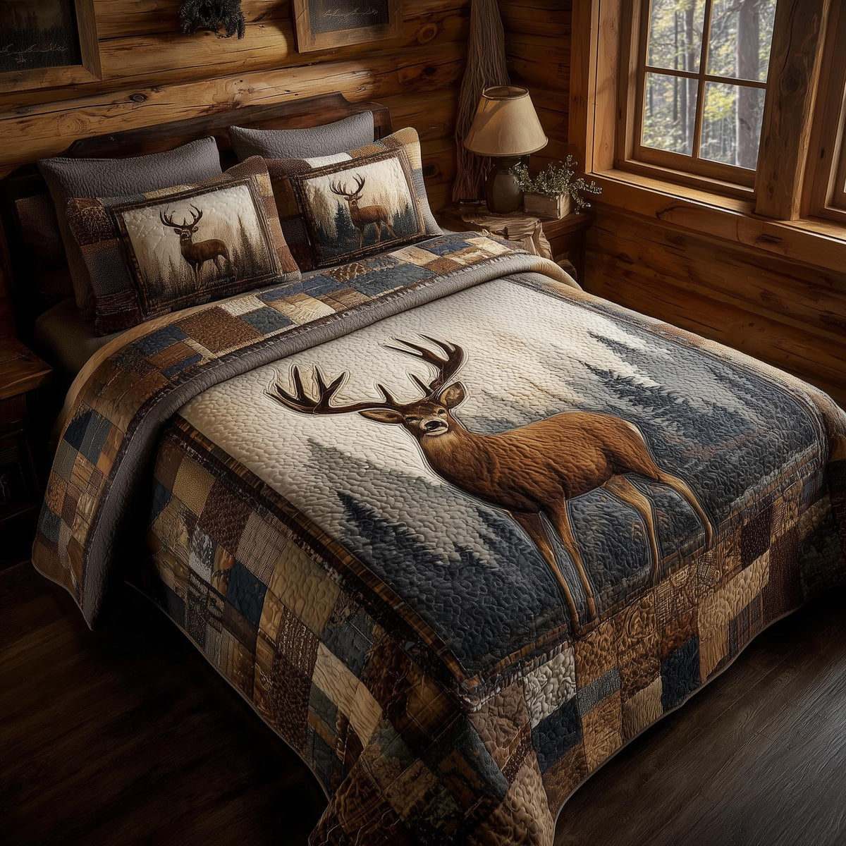 Deer 3-Piece Quilted Bedding Set - Design 4 — quilt and two matching pillow shams