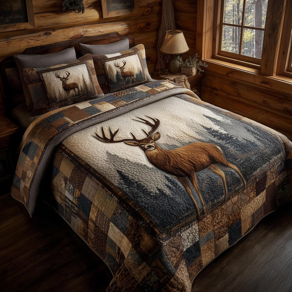Deer quilted 3-piece bedding set on a made bed with two matching pillow shams