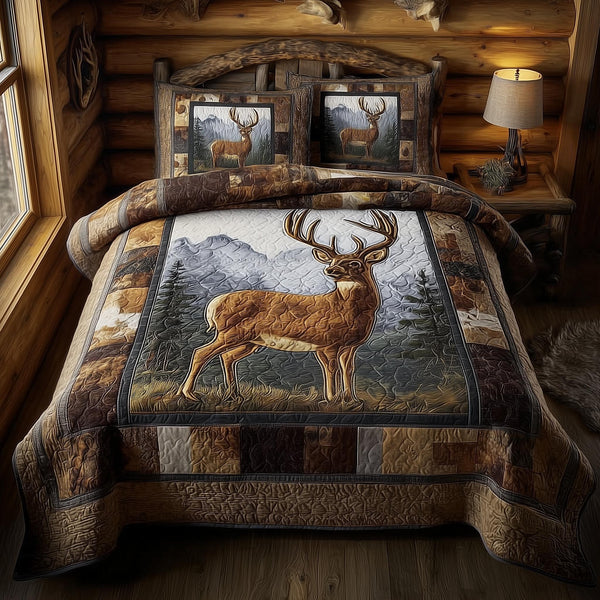 Deer quilted 3-piece bedding set on a made bed with two matching pillow shams