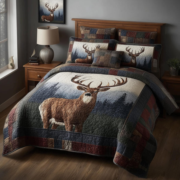 Deer quilted 3-piece bedding set on a made bed with two matching pillow shams