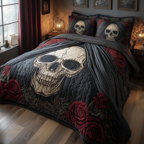Dark Romance quilted 3-piece bedding set on a made bed with two matching pillow shams