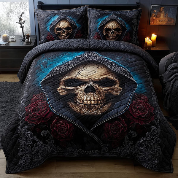 Dark Romance quilted 3-piece bedding set on a made bed with two matching pillow shams