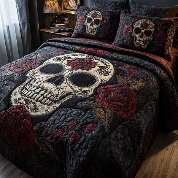 Dark Romance quilted 3-piece bedding set on a made bed with two matching pillow shams