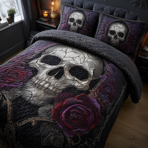 Dark Romance quilted 3-piece bedding set on a made bed with two matching pillow shams