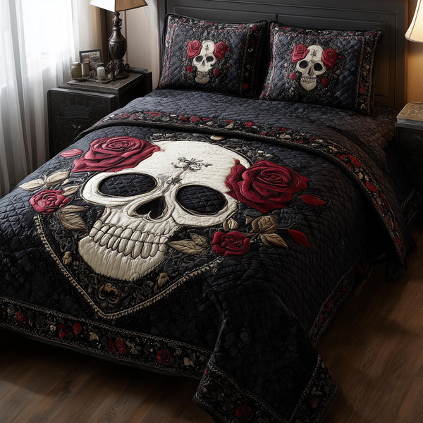 Dark Romance quilted 3-piece bedding set on a made bed with two matching pillow shams