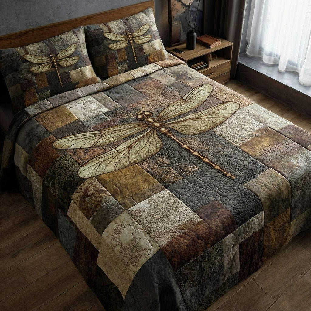 Dragonfly 3-Piece Quilted Bedding Set - Design 11 — quilt and two matching pillow shams