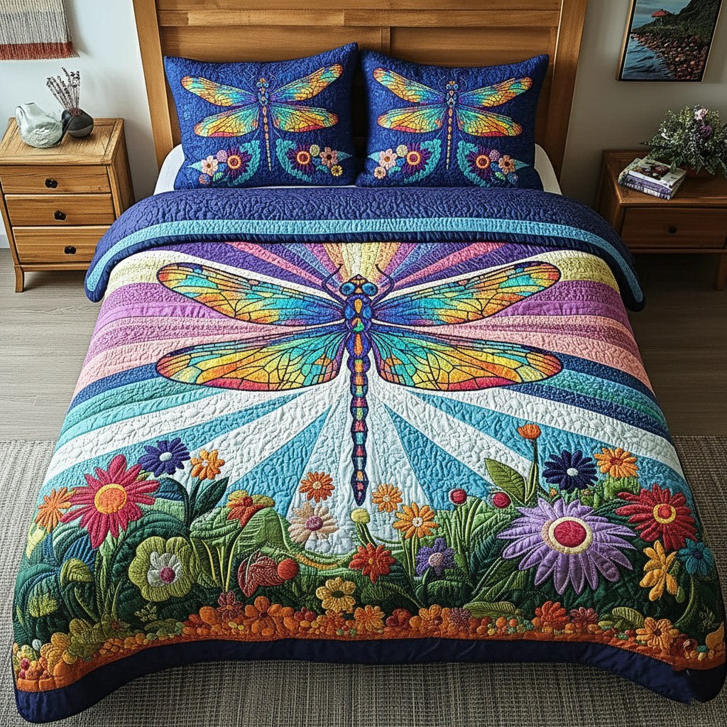 Dragonfly 3-Piece Quilted Bedding Set - Design 14 — quilt and two matching pillow shams