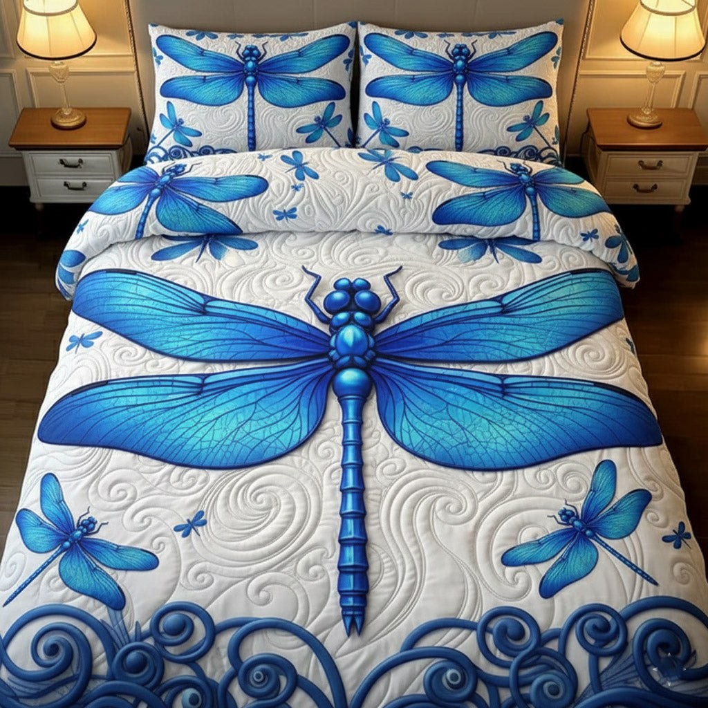 Dragonfly 3-Piece Quilted Bedding Set - Design 15 — quilt and two matching pillow shams
